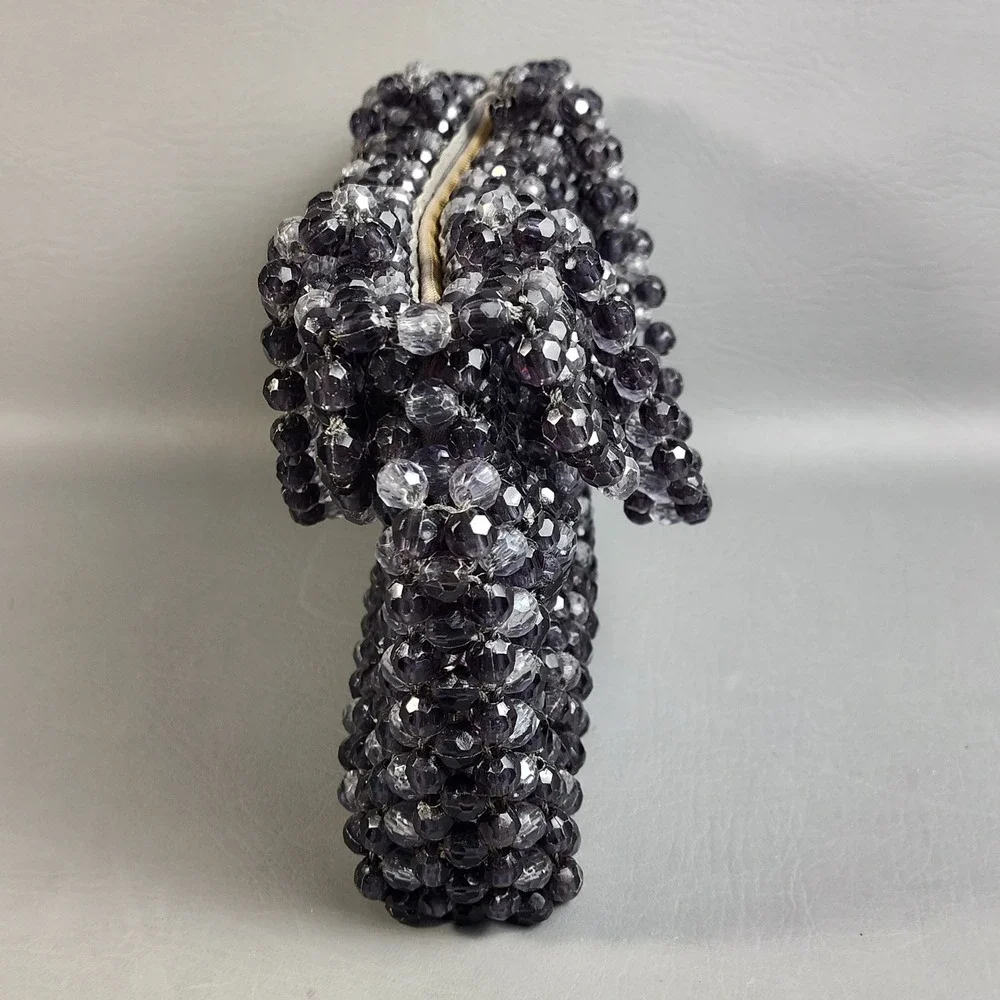 Vintage Crystal Beaded Purse Fauceted Beads Smoke Gray Hong Kong 60s Handmade
